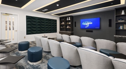 a private theater with a screen and ample seating