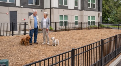 a couple with their dogs in a pet park