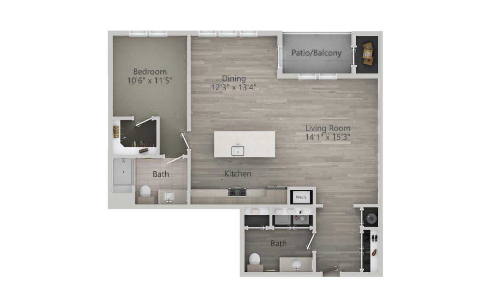  Kalmus (1BR_C) - 1 bedroom floorplan layout with 1.5 bath and 973 square feet.