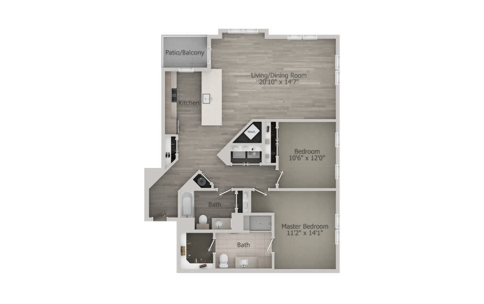  Dennis (2BR_A3) - 2 bedroom floorplan layout with 2 baths and 1180 square feet.