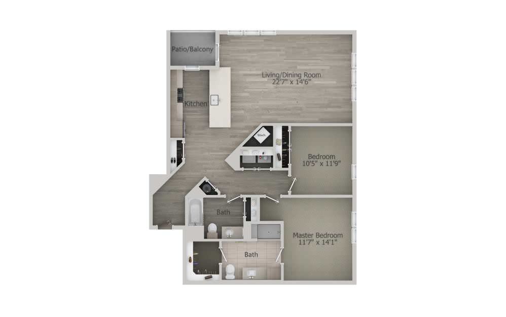  Falmouth (2BR_A4) - 2 bedroom floorplan layout with 2 baths and 1233 square feet.