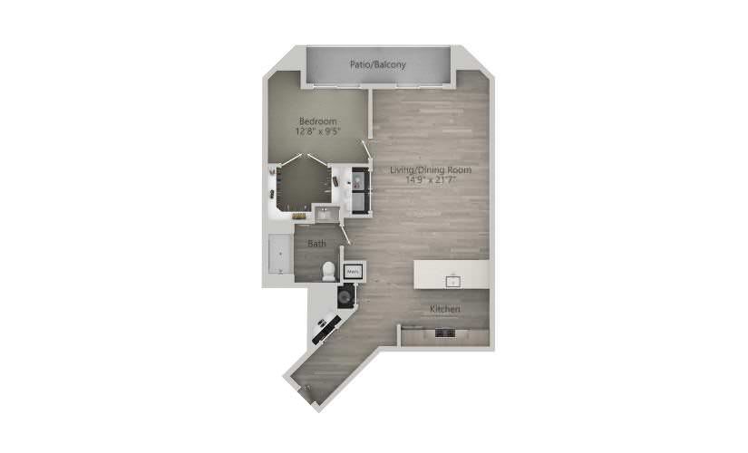 Floor plan map of a 1 bedroom apartment at our 55 and over community in Cape Cod, featuring labeled rooms with dimensions.