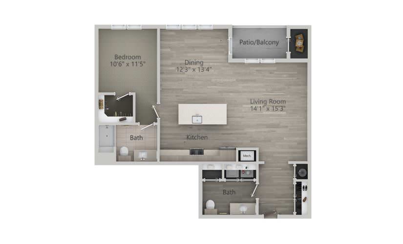  Kalmus (1BR_C) - 1 bedroom floorplan layout with 1.5 bath and 973 square feet.