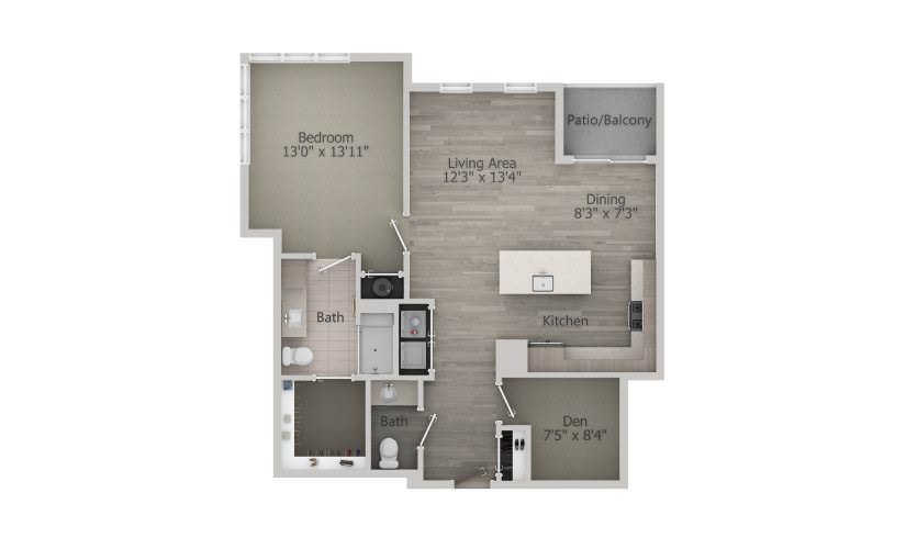  Cotuit (1BR+D_C1) - 1 bedroom floorplan layout with 1.5 bath and 994 square feet.