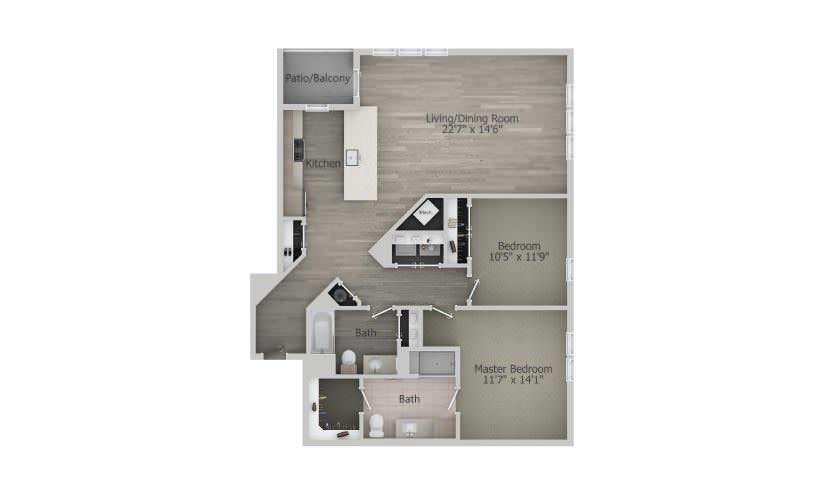  Falmouth (2BR_A4) - 2 bedroom floorplan layout with 2 baths and 1233 square feet.