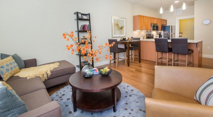 Denver 55 plus community with ample lighting in open concept living area with kitchen and dining space. 