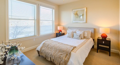 natural lighting fills bedroom with ceiling fan and light fixture