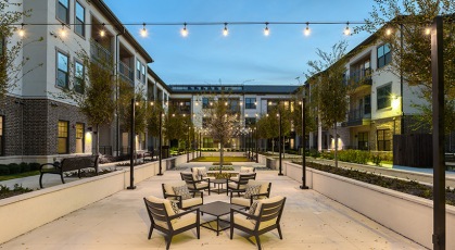 courtyard with overhead stringed lights