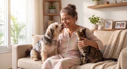 resident sits on the couch with her pets