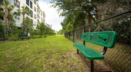 fenced-in bark park with benches