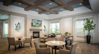 large windows and recessed lighting in clubhouse