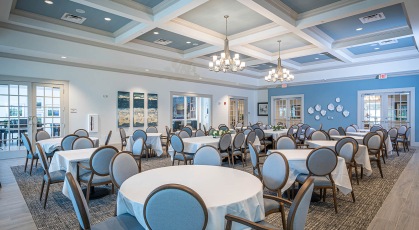 spacious dining hall with bright lighting throughout