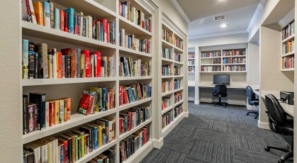 shelves of books in residents' library