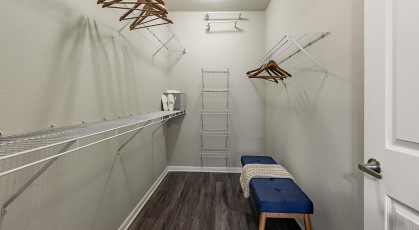 Closet space with shelves and ample lighting