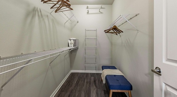 Closet space with shelves and ample lighting